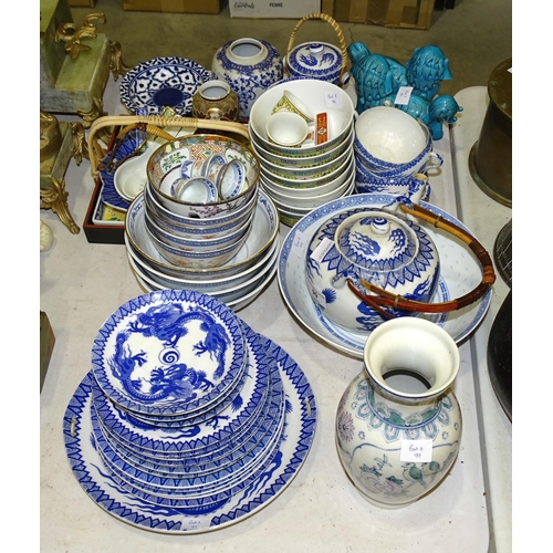 99 - A collection of 20th century blue and white Oriental ceramics and a pair of turquoise ceramic standi... 