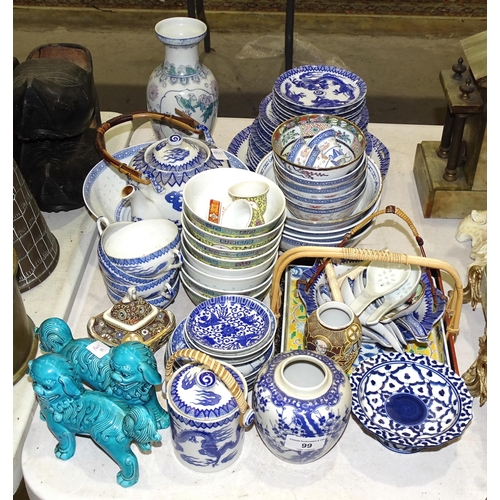 99 - A collection of 20th century blue and white Oriental ceramics and a pair of turquoise ceramic standi... 