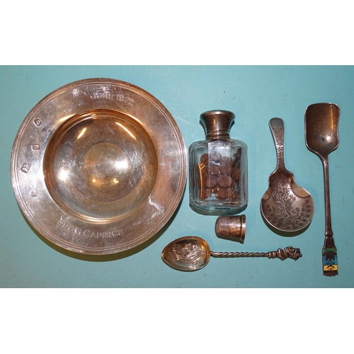 126 - A silver Armada dish, London 1969, a silver caddy spoon, London 1894, two silver spoons, a thimble a... 