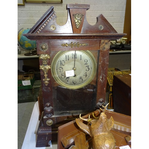 94 - An oak-cased Chronotechna factory time clock, 93 x 32.5cm, a Benson chiming mantel clock, one other ... 