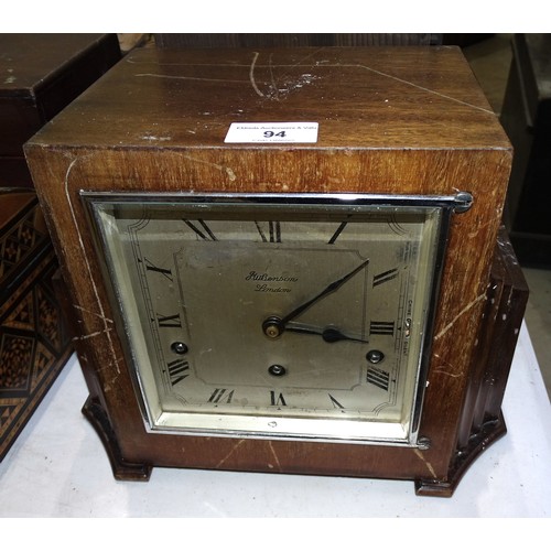 94 - An oak-cased Chronotechna factory time clock, 93 x 32.5cm, a Benson chiming mantel clock, one other ... 