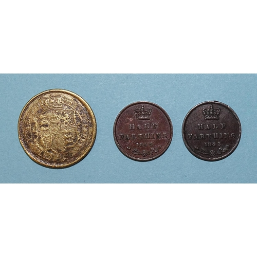 112 - Two Victorian half-farthings: 1843/44, an 1889 sixpence, ten Edward VII silver threepences, other pr... 