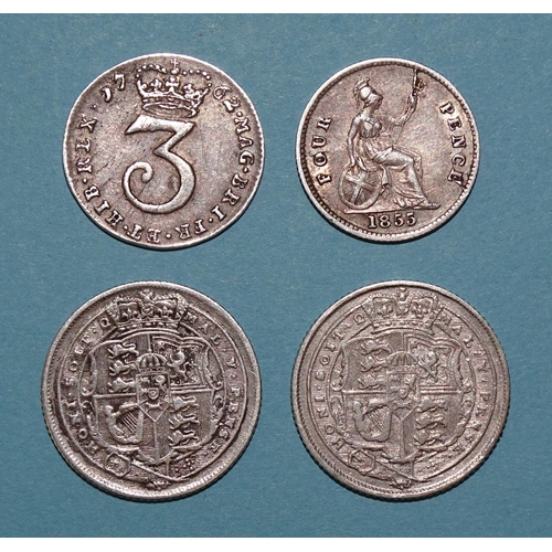 116 - A George III 1762 Maundy threepence, a Victoria 1855 fourpence and two George III sixpences 1816 and... 