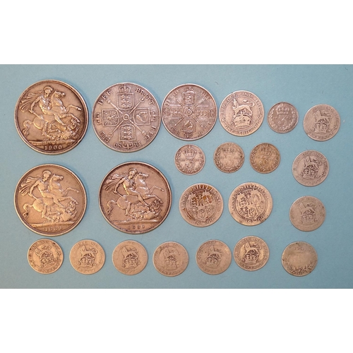 117 - Three Victoria crowns: 1889(x2) and 1900 (LXIII), an 1889 double-florin, an 1888 florin and other pr... 