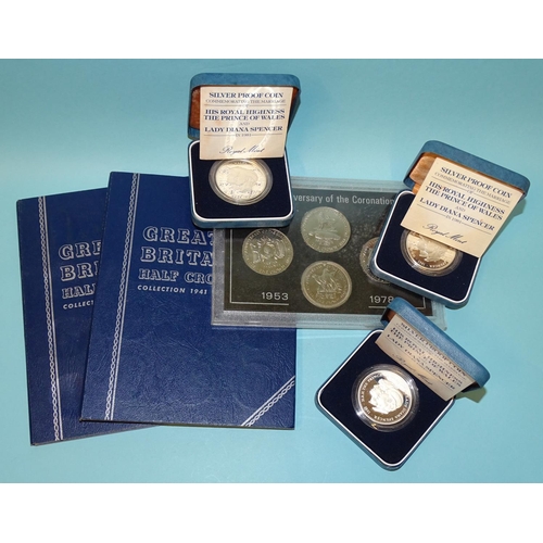 132 - Three Royal Mail cased silver 1981 Royal Marriage crowns and a collection of mainly British coinage,... 