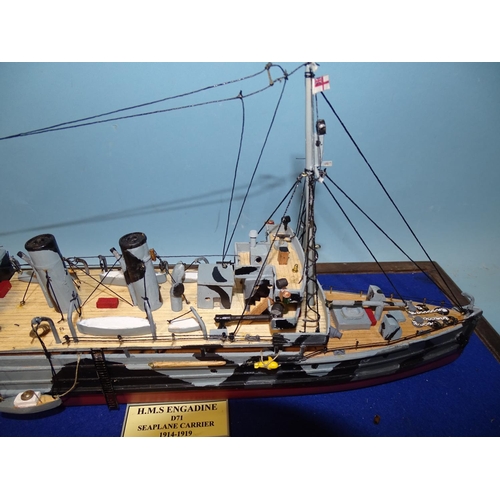 436 - A scratch-built wooden model of HMS Engadine D71 Seaplane Carrier 1914-1919, in wood and Perspex cas... 