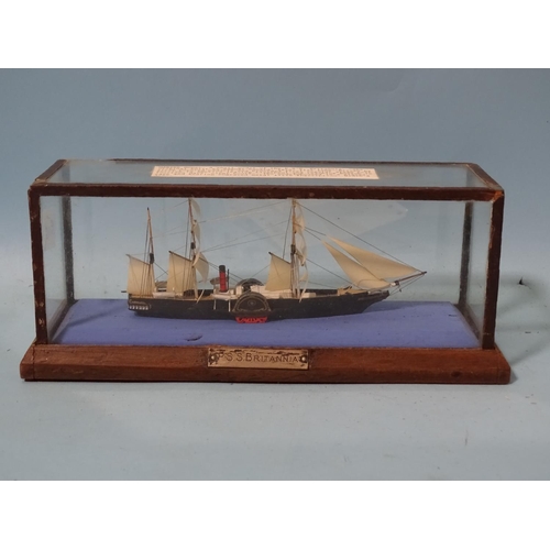 438 - A small scratch-built model of PSS Britannia, in glass and wood case, with engraved metal name plaqu... 