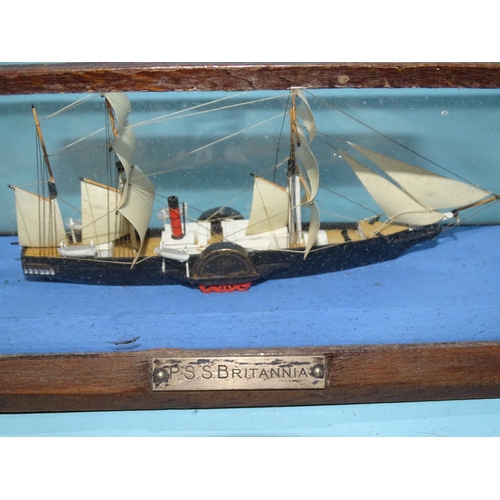 438 - A small scratch-built model of PSS Britannia, in glass and wood case, with engraved metal name plaqu... 