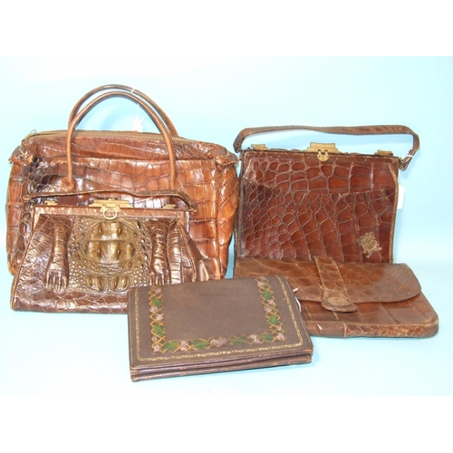 452 - Four vintage crocodile skin handbags and one leather clutch bag, (5).