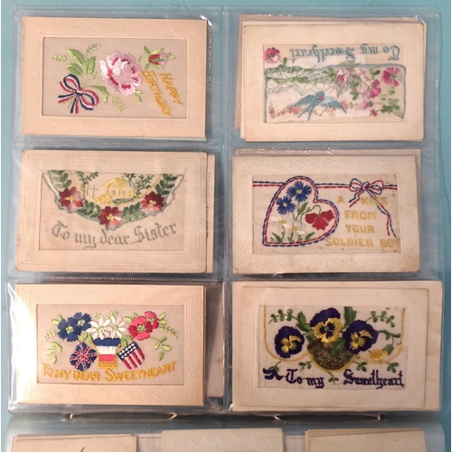 70 - A collection of 57 WWI silk embroidered postcards and one other '1939 Souvenir from Gibraltar', (58)... 