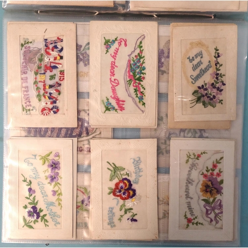 70 - A collection of 57 WWI silk embroidered postcards and one other '1939 Souvenir from Gibraltar', (58)... 