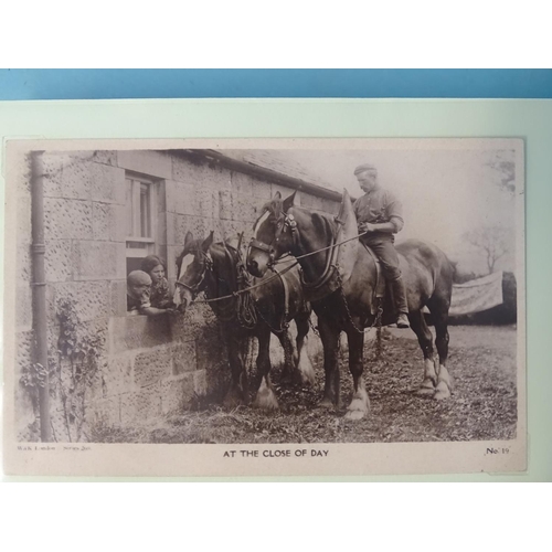 81 - An album of approximately 60 postcards of rural subjects, including two RPs of threshing using a ste... 