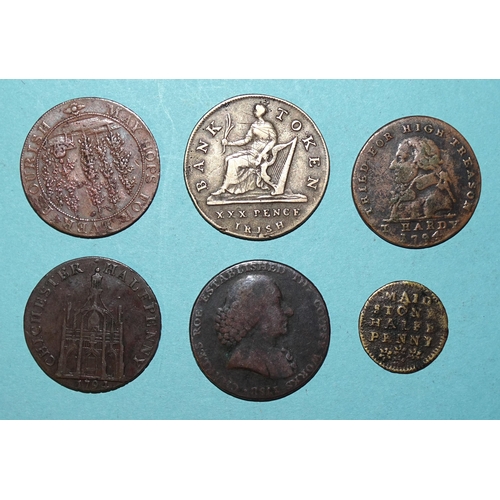 138 - A collection of six tokens, including a 1667 Maidstone halfpenny, a George III 1808 Irish 30-pence, ... 