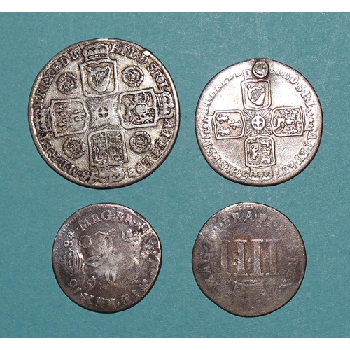 150 - A James II Maundy fourpence, (date rubbed), a Charles II 1684 Maundy fourpence, a George II 1745 shi... 