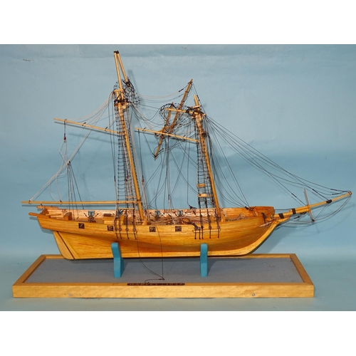 439 - A matchstick-made model of the two-masted sailing ship 'Harvey 1847', on stand and base, 86cm long, ... 