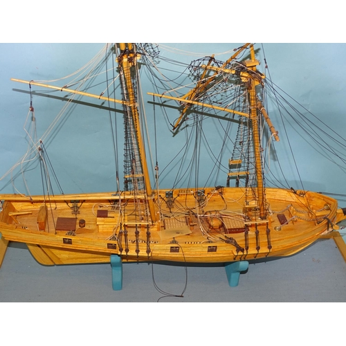 439 - A matchstick-made model of the two-masted sailing ship 'Harvey 1847', on stand and base, 86cm long, ... 