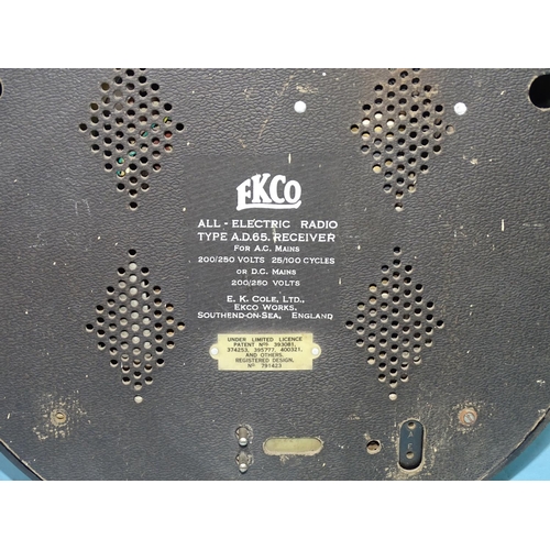 469 - An Ekco type A.D.65 Bakelite radio receiver, 40cm high, (a/f), (no lead), design No.791423.... 