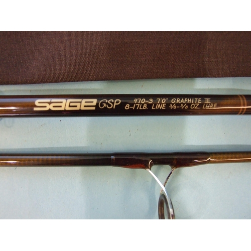 A Sage GSP 470-3 graphite 7'' 3-piece spinning rod in bag and