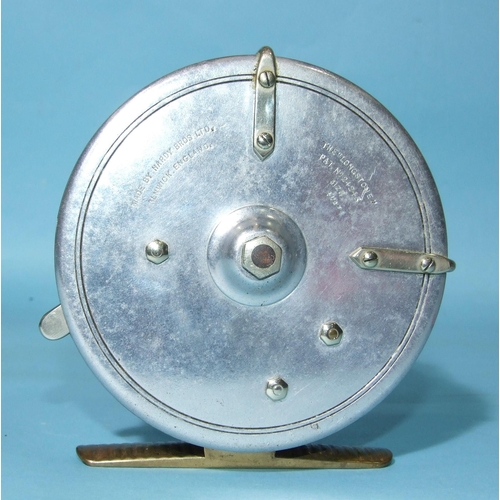 329 - A Hardy Bros Ltd alloy 4½'' trolling reel with brass foot, line guard, drag lever and Bakelite twin ... 