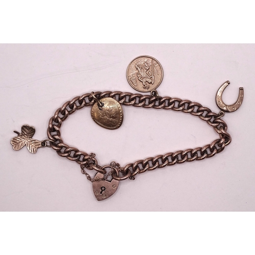 402 - A 9ct rose gold curb-link bracelet with padlock clasp and four charms, (one not marked as 9ct gold),... 