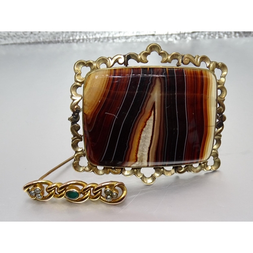 403 - A Victorian large banded-agate brooch, the rectangular plaque in unmarked gold-plated mount and a Vi... 