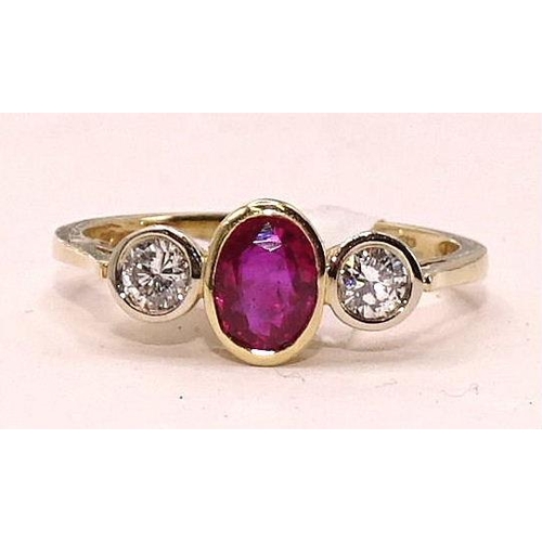 409 - A ruby and diamond ring collet-set an oval ruby between two brilliant-cut diamonds, in 18ct yellow g... 