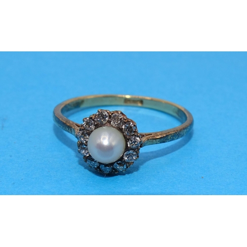 418 - A diamond and pearl cluster ring set eleven old-cut diamonds around a cultured pearl, in 18ct gold m... 