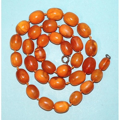 426 - A string of thirty-three butterscotch amber beads, of roughly the same size, 23 x 18mm, 81cm long, 1... 
