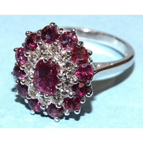 432 - A ruby and diamond cluster ring claw-set an oval ruby within concentric borders of twelve each brill... 