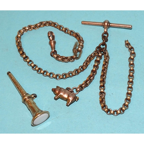 444 - A length of Victorian gold watch chain with a T-bar, marked 9ct, a shackle and a pig charm, gross we... 