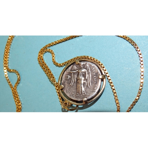 478 - An 18ct gold box-link chain, 58cm, 6.6g, with gold-mounted Greek silver coin.