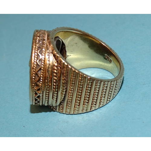 479 - A gentleman's 18ct gold ring inset a Greek gold coin, (solder visible on back), size O, 21.6g.... 