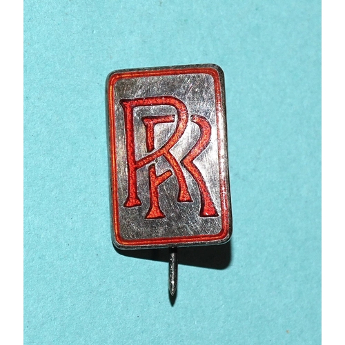 485 - A Rolls Royce hallmarked silver lapel badge with red enamel RR logo, by J R Gaunt & Son, numbere... 