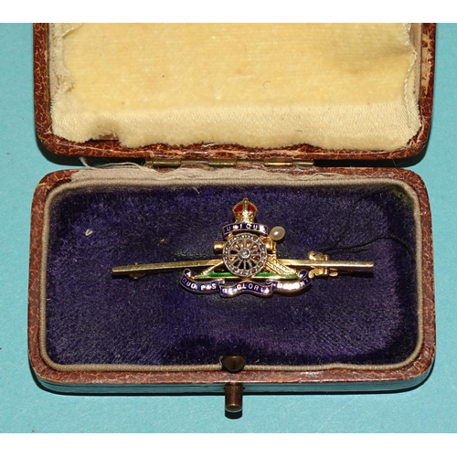 488 - A 14ct gold and platinum Royal Artillery sweetheart brooch, enamelled and set with rose-cut diamonds... 