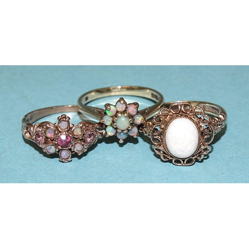 514 - A modern opal and tourmaline cluster ring, size I, a 9ct gold opal cluster ring, size I and a 9ct go... 