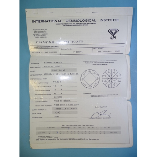 593 - A solitaire diamond ring claw-set a brilliant-cut diamond, (with International Gemmological Institut... 