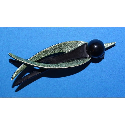 653 - Léa Stein, Paris, a swallow brooch pin c1970’s with black body, dark blue head and green glitter win... 