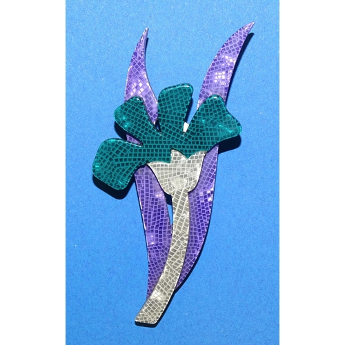 658 - Léa Stein, Paris, a triple flowerhead brooch pin c1970’s in browns and glitter, 5.6cm wide and an ‘E... 