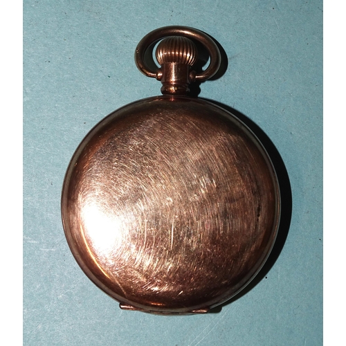 680 - Waltham, a gold-plated hunter-cased keyless pocket watch, with white enamel dial, Roman numerals and... 