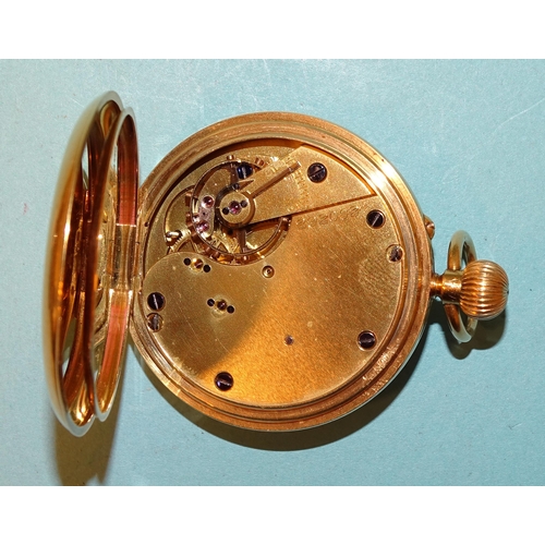 687 - An 18ct gold-cased open face keyless pocket watch, the white enamel dial with Roman numerals and sec... 