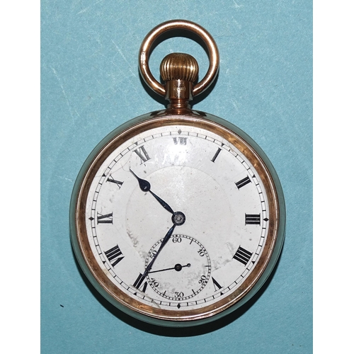 722 - An early-20th century 9ct gold-cased open-face keyless pocket watch, the white enamel dial with Roma... 