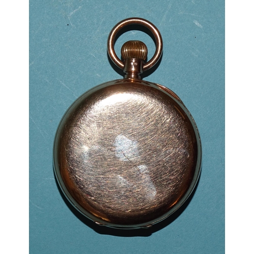 722 - An early-20th century 9ct gold-cased open-face keyless pocket watch, the white enamel dial with Roma... 