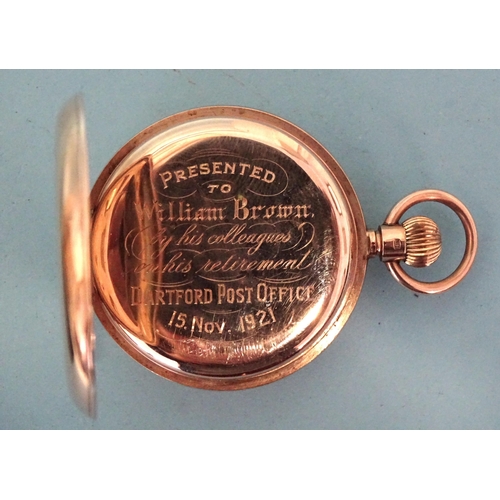 722 - An early-20th century 9ct gold-cased open-face keyless pocket watch, the white enamel dial with Roma... 