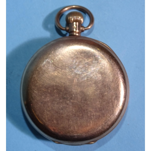 724 - A 9ct gold open-face keyless pocket watch with white enamel dial, Roman numerals and seconds subsidi... 