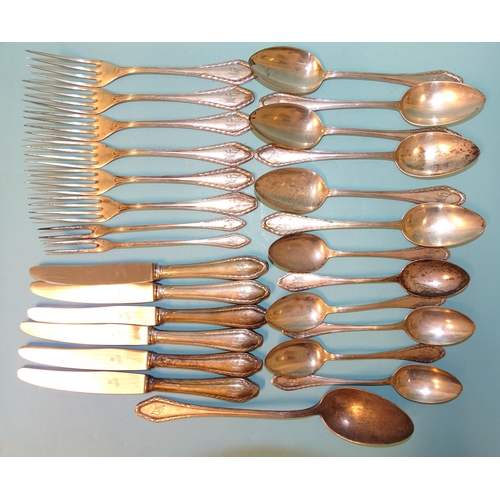 758 - A quantity of white metal flatware stamped '800'; 1 serving spoon, 6 each table forks, tablespoons a... 