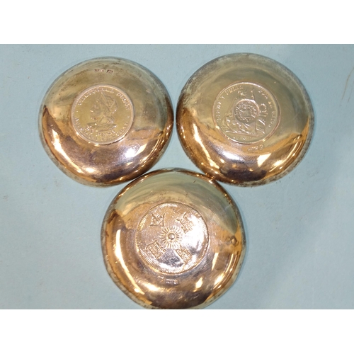 769 - Two Wang Hing silver pin dishes inset coins and one other, similar, ___6.5oz, (3).