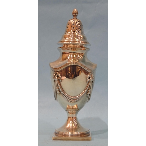 789 - A silver sugar sifter of urn form with applied swag and tassel decoration, raised on square foot, ma... 