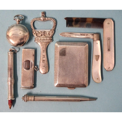 910 - A silver and mother-of-pearl fruit knife, a similar comb, two silver propelling pencils, a silver so... 