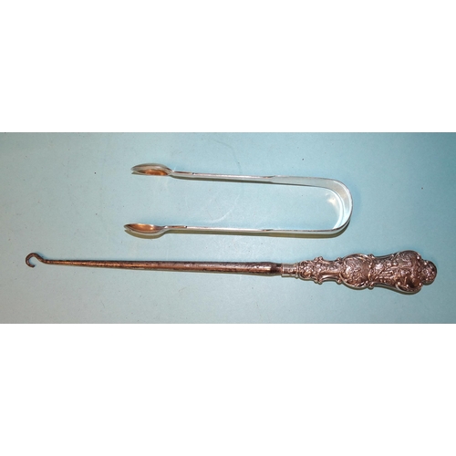 913 - A pair of silver fiddle pattern sugar tongs, Reid & Sons, Newcastle 1848 and a late-Victorian si... 