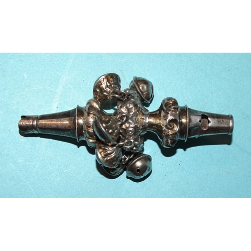 915 - A Victorian silver baby's rattle with six bells and whistle, Birmingham 1872, (damaged, two bells an... 